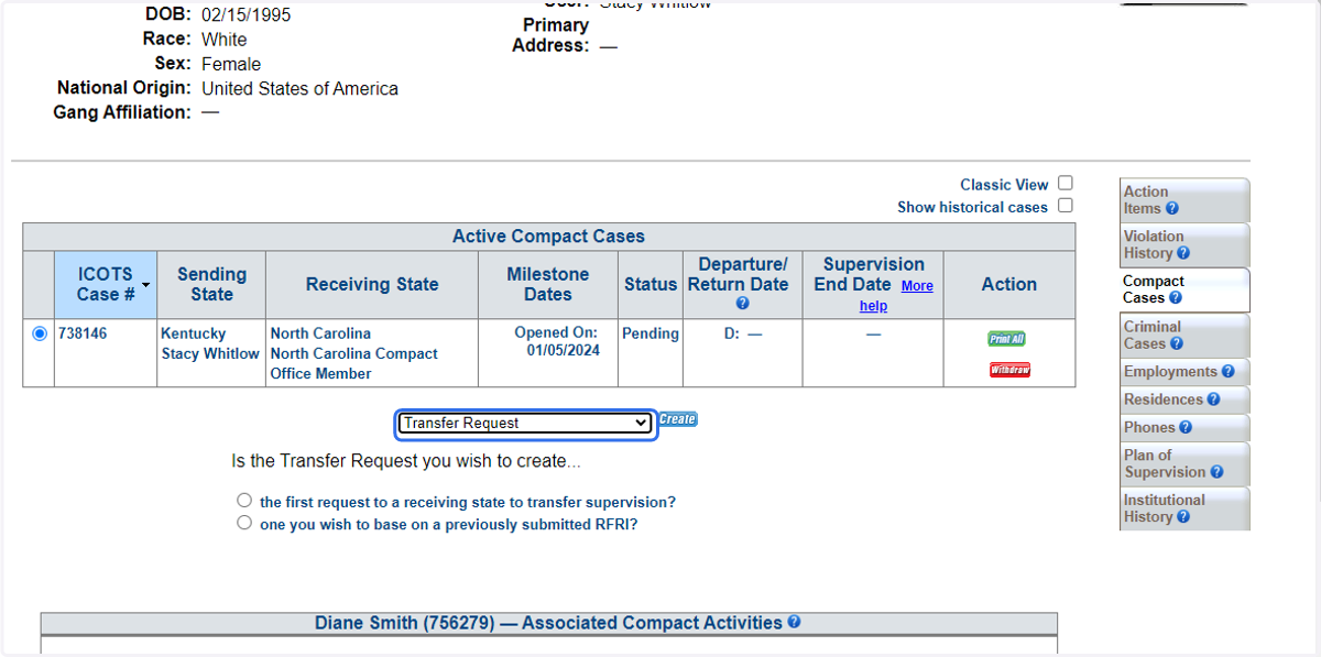 Choose 'Transfer Request' from the dropdown