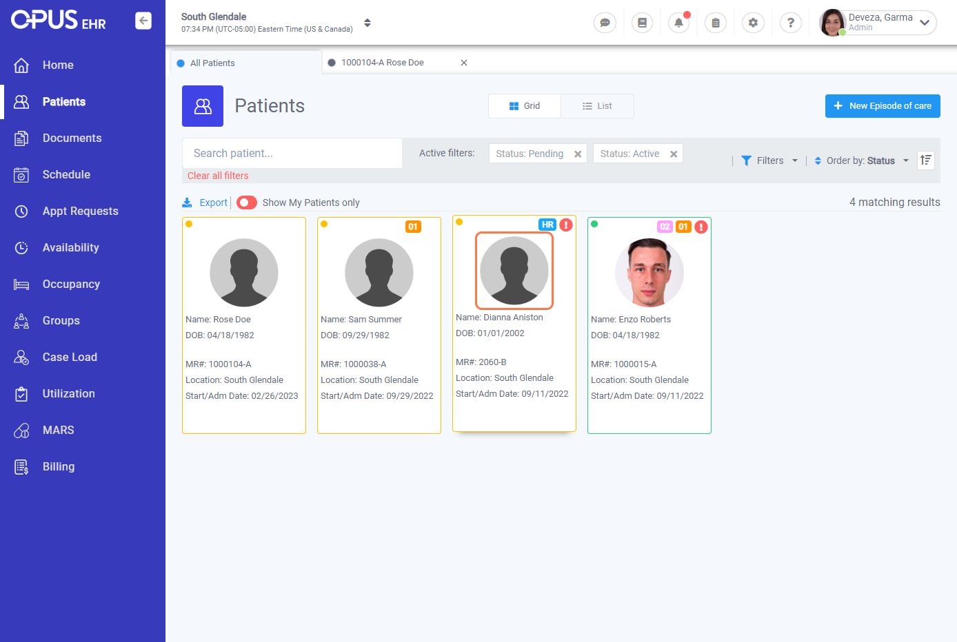  Select the profile of the patient you wish to add the note/message as an alert.
