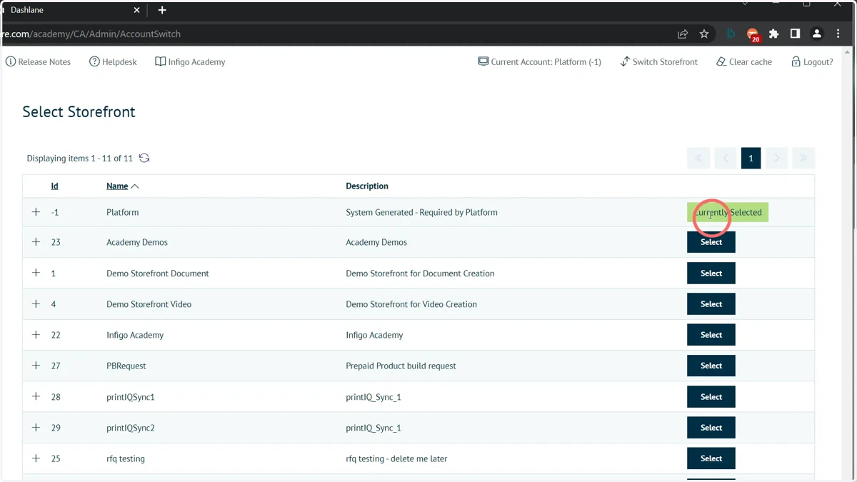 Select the platform entry