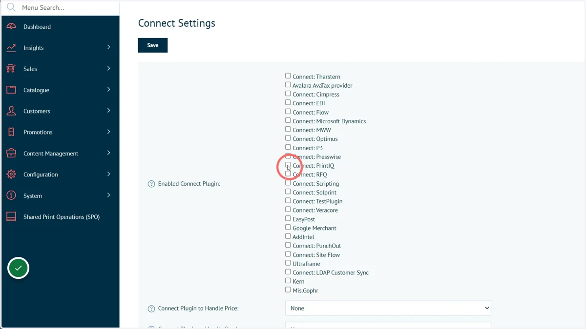 Ensure the Connect: printIQ plugin is active within the Connect Settings screen