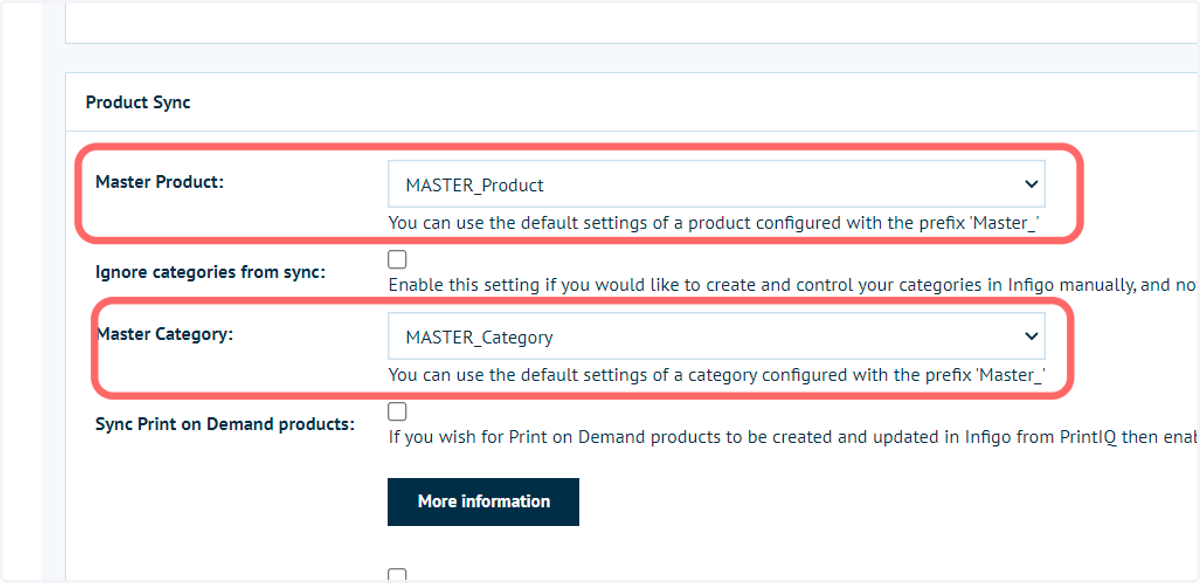 Return to the printIQ configuration settings and define the master items