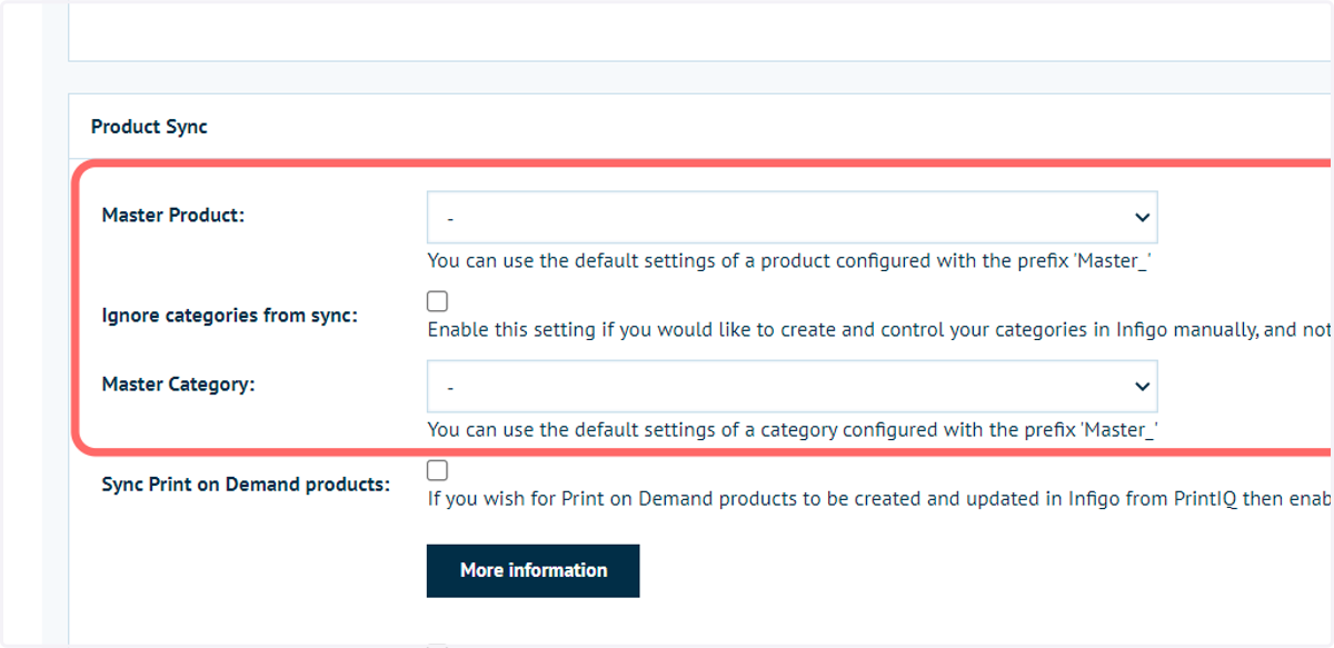 Navigate to the Product Sync settings