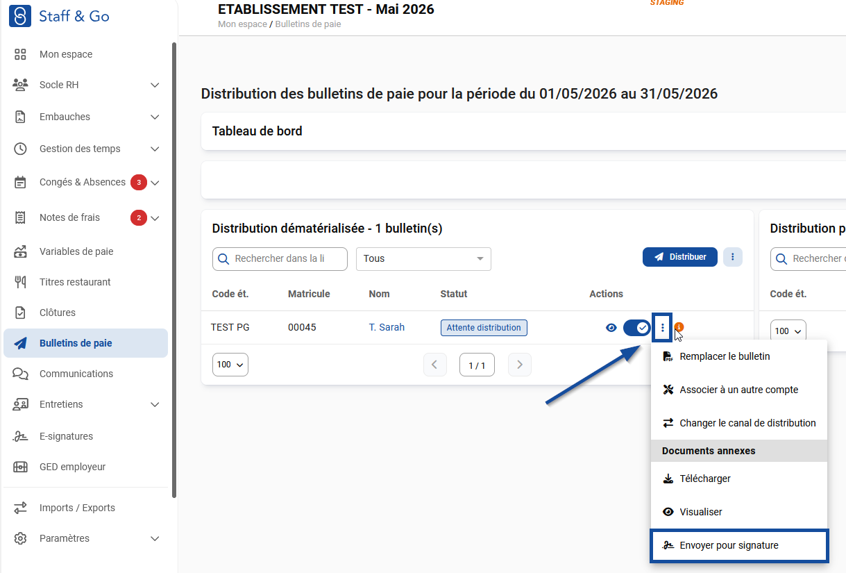 Cliquer sur les trois petits points et cliquer sur l'option "Envoyer pour signature"