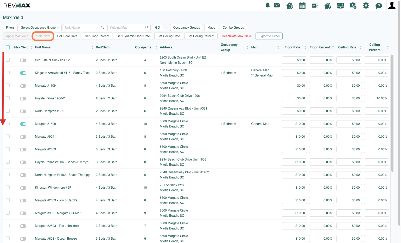 If the 'Yield Now' button appears greyed out, it means no units have been selected yet. To enable the button, simply check the box next to the 'Max Yield' toggle for the units you'd like to apply bulk 'Yield Now' to.