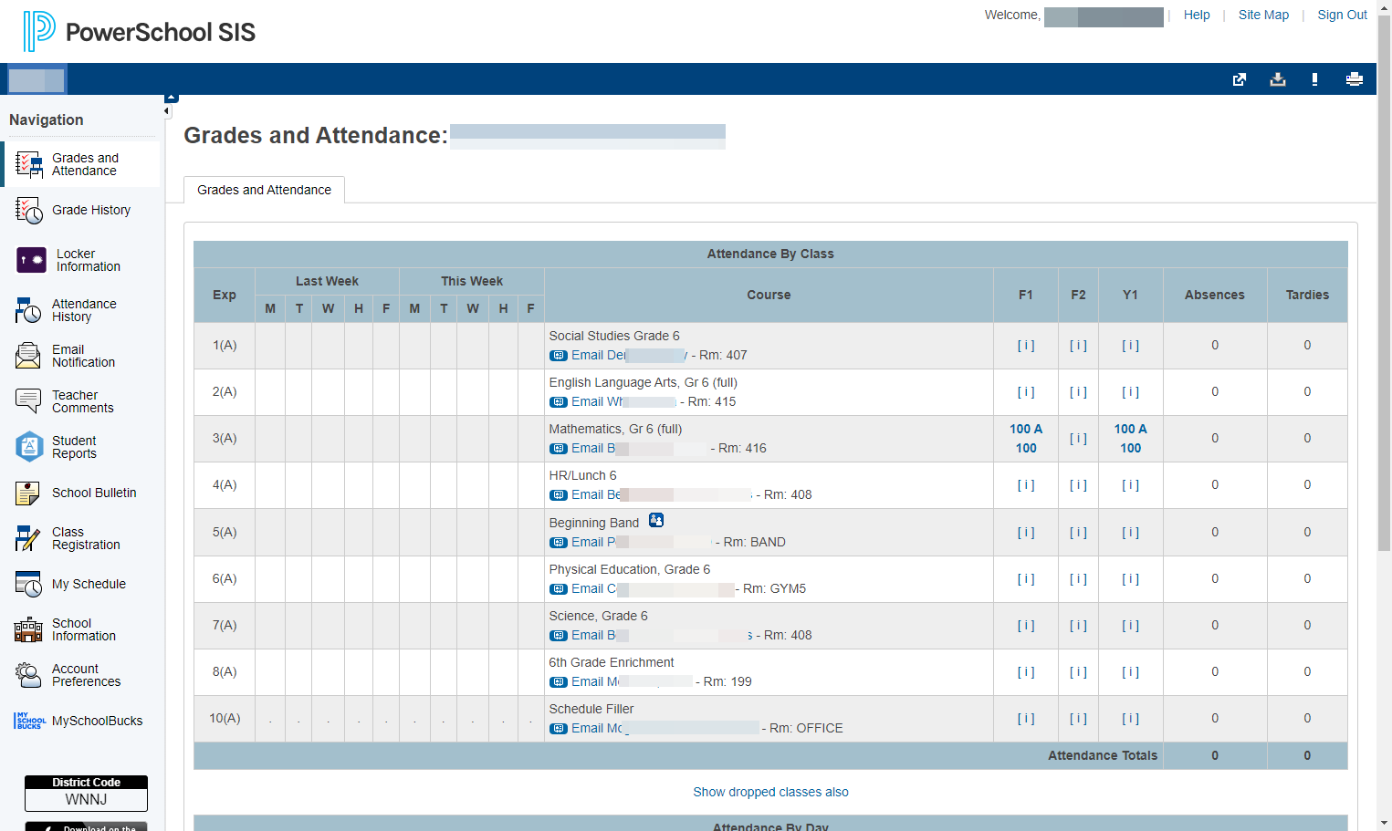 Attendance for each class period is to the left of the list of courses