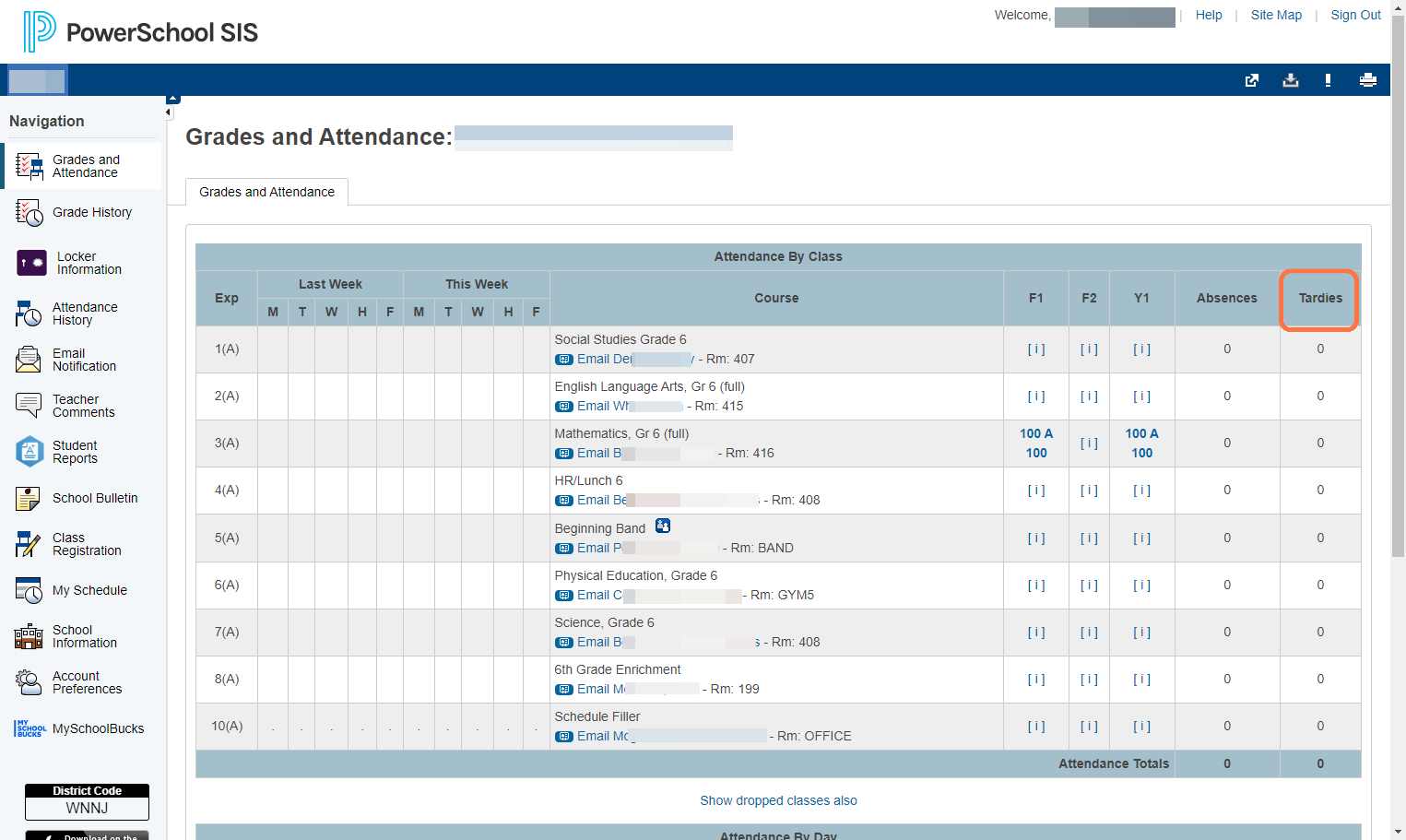 You can find the total number of absences and tardies for the year to the right of the course averages.