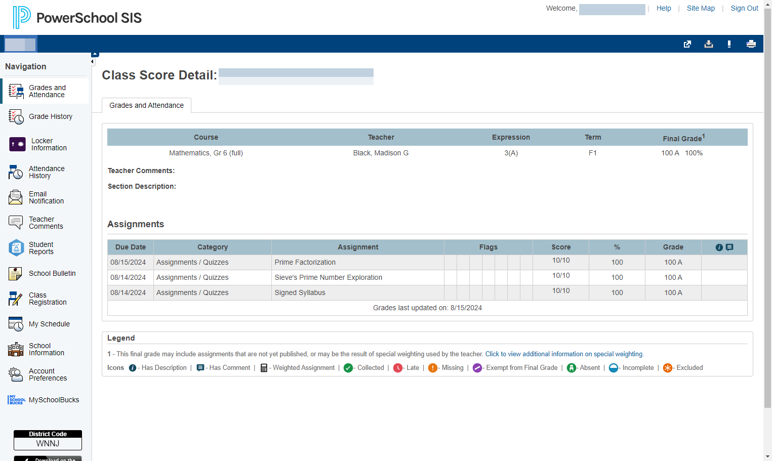 When you are ready to view a different class, just select the Grades and Attendance button in the navigation pane.