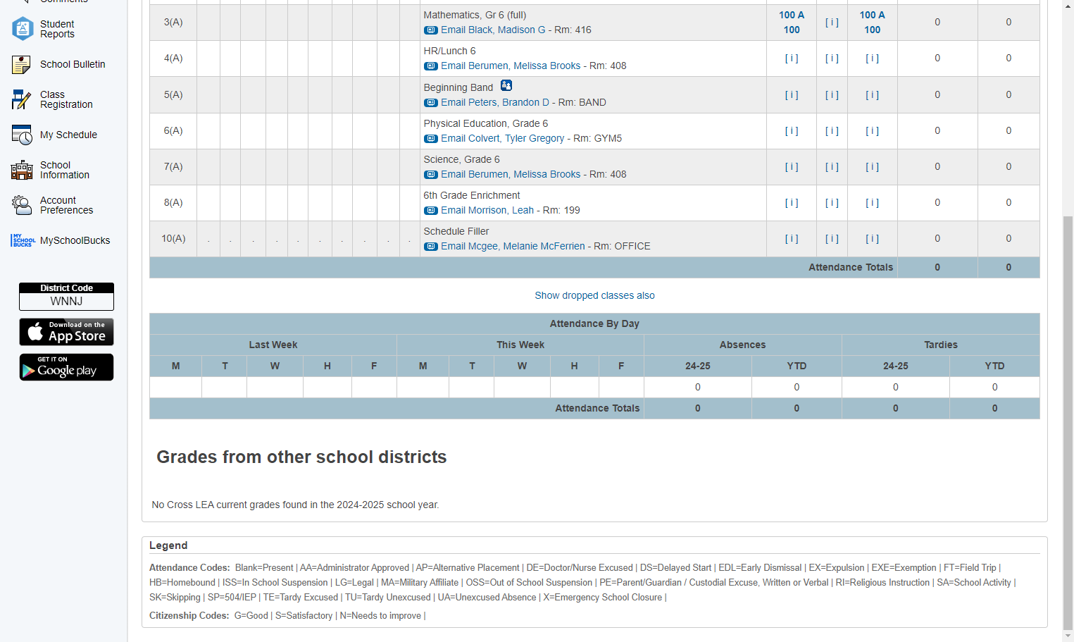 The legend explaining the attendance codes is at the bottom of the screen. No code listed in a box means that the student was present and on time.