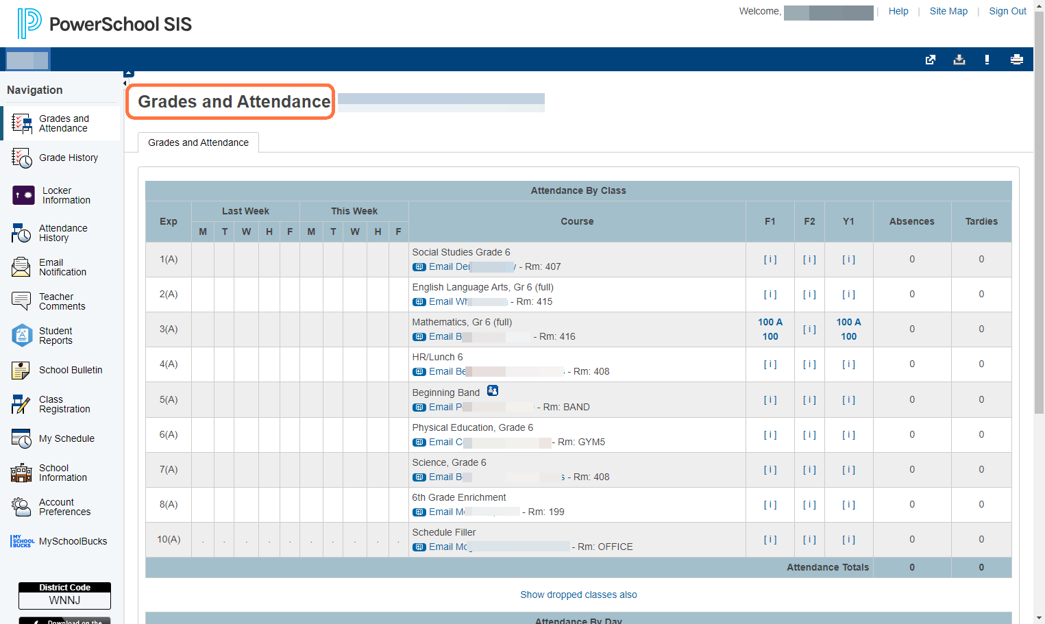 Notice the Navigation pane - there are several areas you can explore. These directions will focus on grades and attendance.
