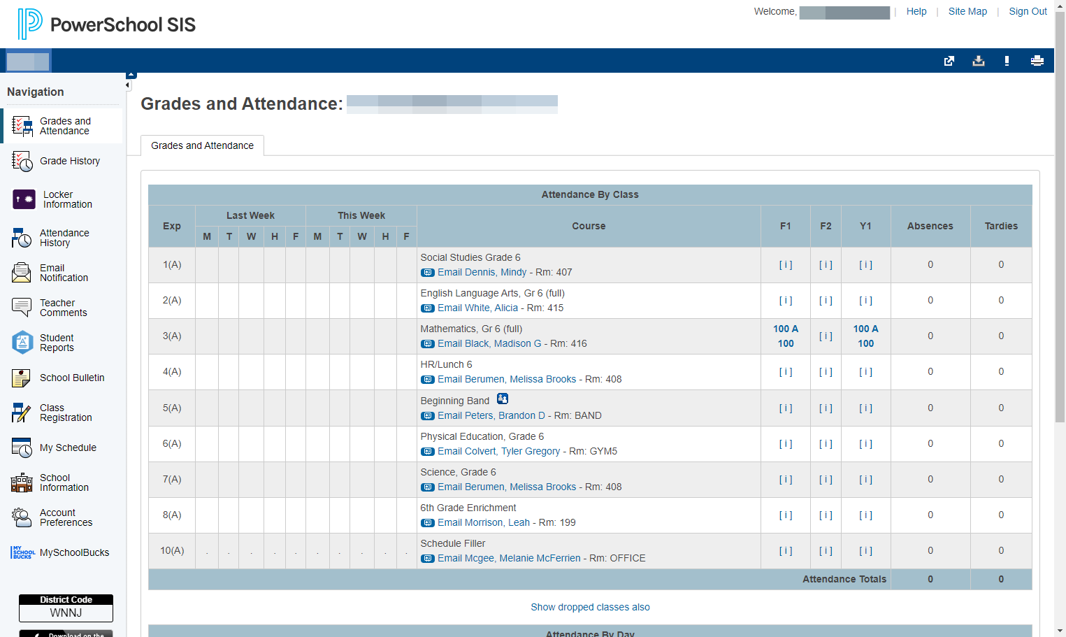 Your student's courses and teachers will be listed underneath
