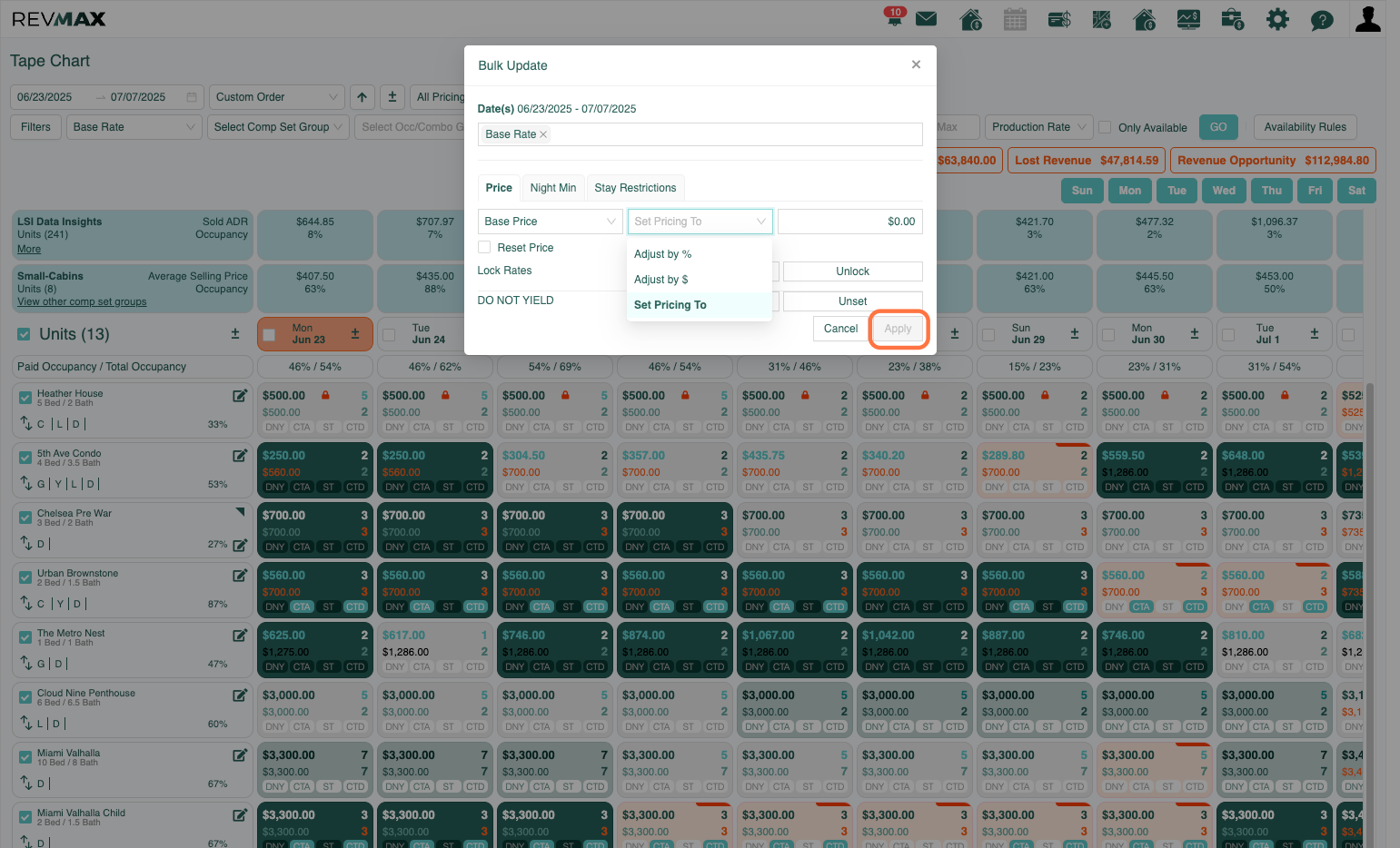Another option is to update the Base Rate. To do this, click the “Bulk Edit” icon and select “Base Price” in the dropdown. You can apply a price updates as follows.