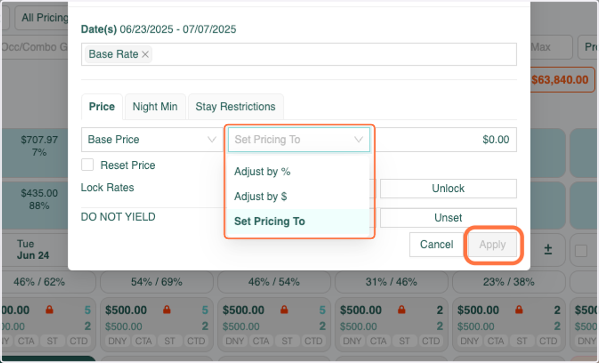 Another option is to update the Base Rate. To do this, click the “Bulk Edit” icon and select “Base Price” in the dropdown. You can apply a price updates as follows.