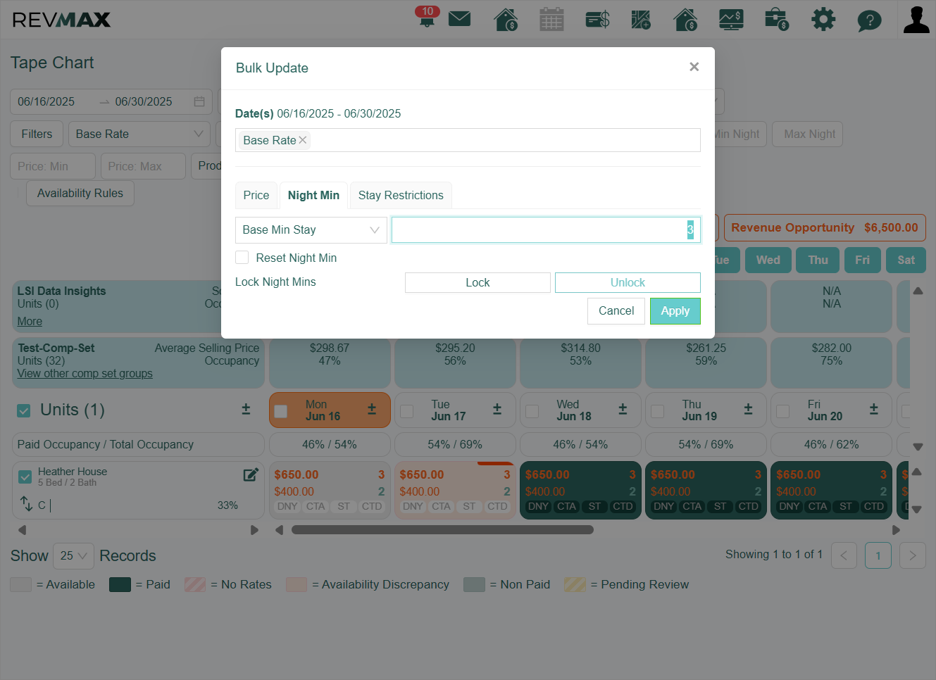 Another feature available in the Bulk Edit > Night Min tab is the ability to lock Night Minimums. Please note that when a Night Minimum is 'Locked,' it will override any active settings for Gap Logic and Dynamic Minimum Night rules for that specific 