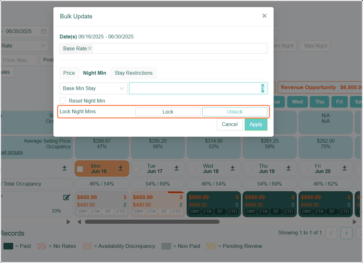 Another feature available in the Bulk Edit > Night Min tab is the ability to lock Night Minimums. Please note that when a Night Minimum is 'Locked,' it will override any active settings for Gap Logic and Dynamic Minimum Night rules for that specific