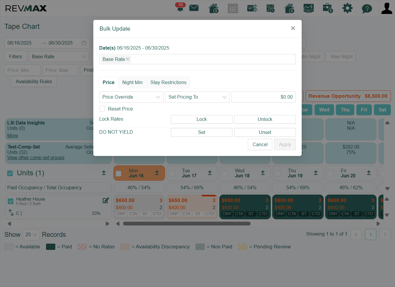 In the Bulk Edit > Price tab, you will also find options to 'Lock' rates and to pause yielding for the selected date range using the 'Do Not Yield' (DNY) feature.