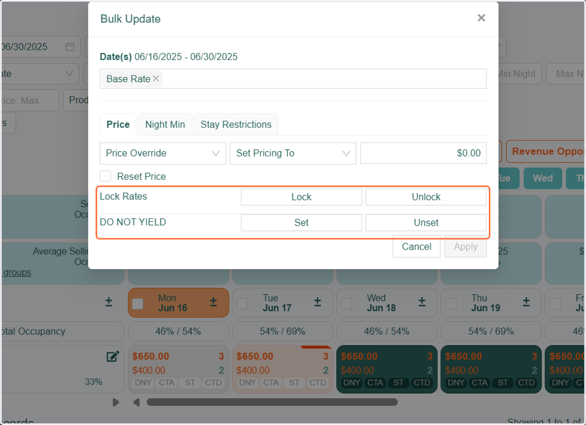 In the Bulk Edit > Price tab, you will also find options to 'Lock' rates and to pause yielding for the selected date range using the 'Do Not Yield' (DNY) feature.