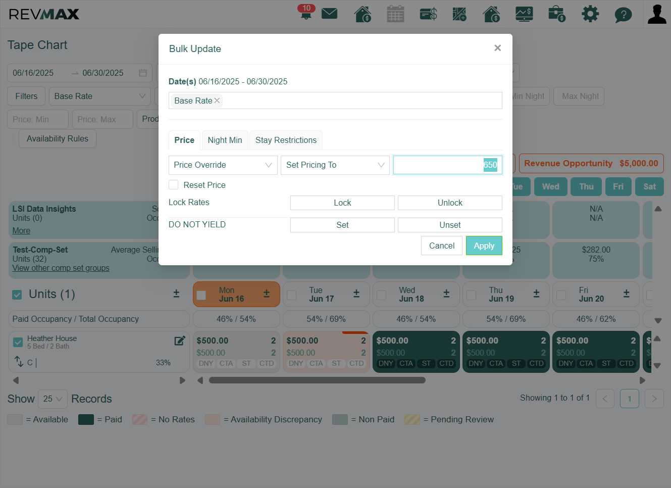 A Bulk Update box will open. On the Price tab, the default is "Price Override". This option will apply pricing changes to the Final/Production Rate (top number)