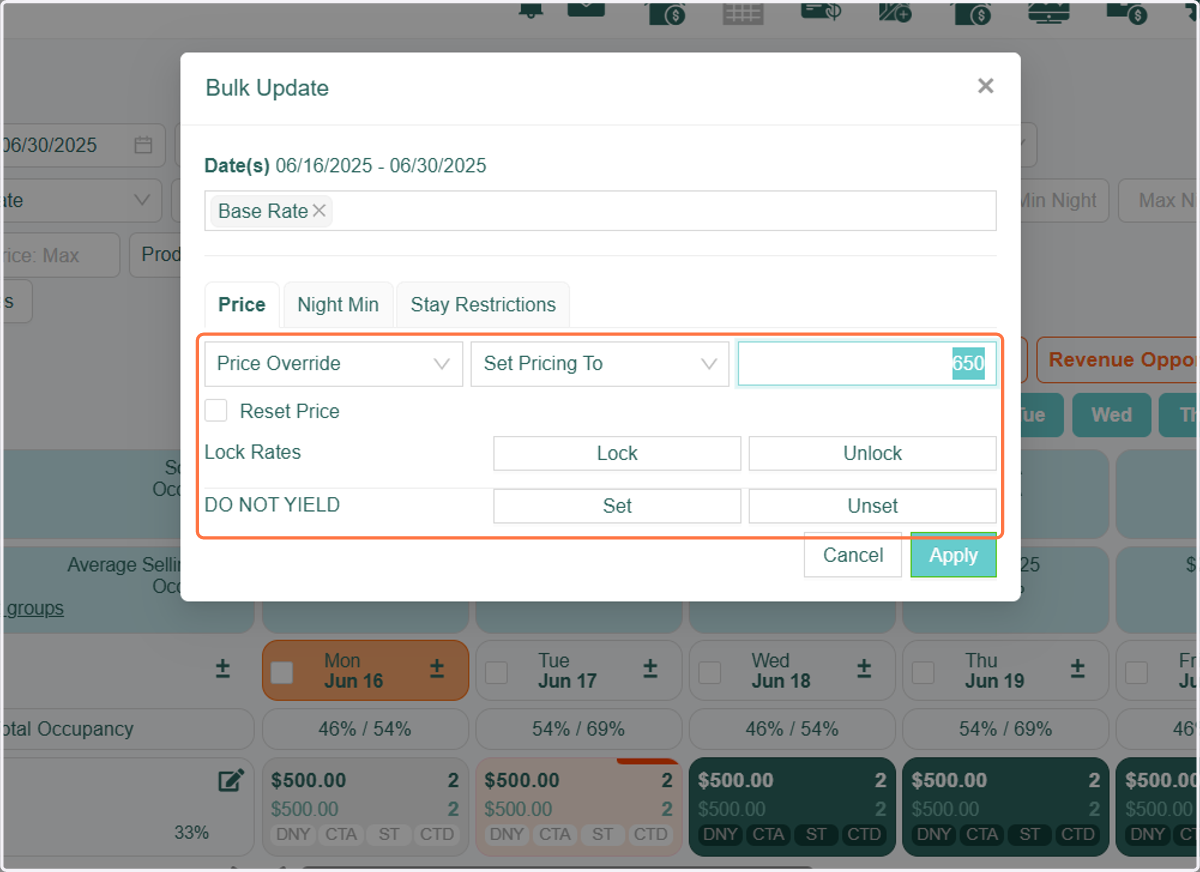 A Bulk Update box will open. On the Price tab, the default is "Price Override". This option will apply pricing changes to the Final/Production Rate (top number)