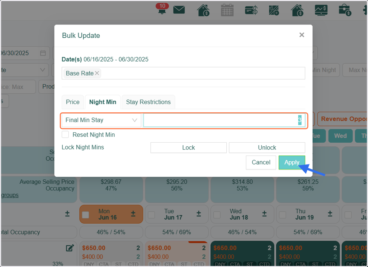You can also perform a bulk manual override on Night Minimums. In the Bulk Edit window, navigate to the Night Min tab. From there, you can manually override either the Final Night Minimum (top value) or the Base Night Minimum (bottom value).
