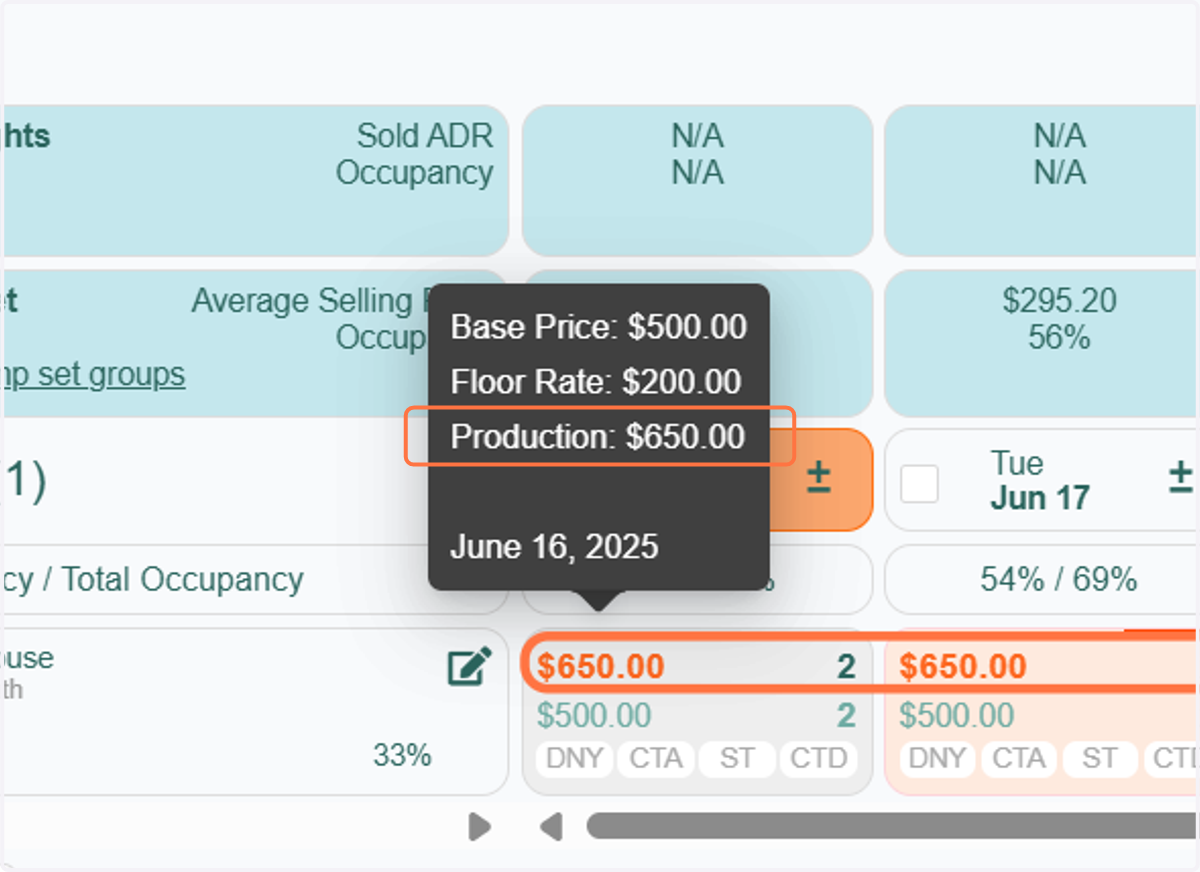 You’ll notice that the Top/Final Rate has updated to reflect the amount you set, now displayed in bold orange text. Additionally, when you hover over the rate, you’ll see that your manual override is shown as the “Production Rate.”