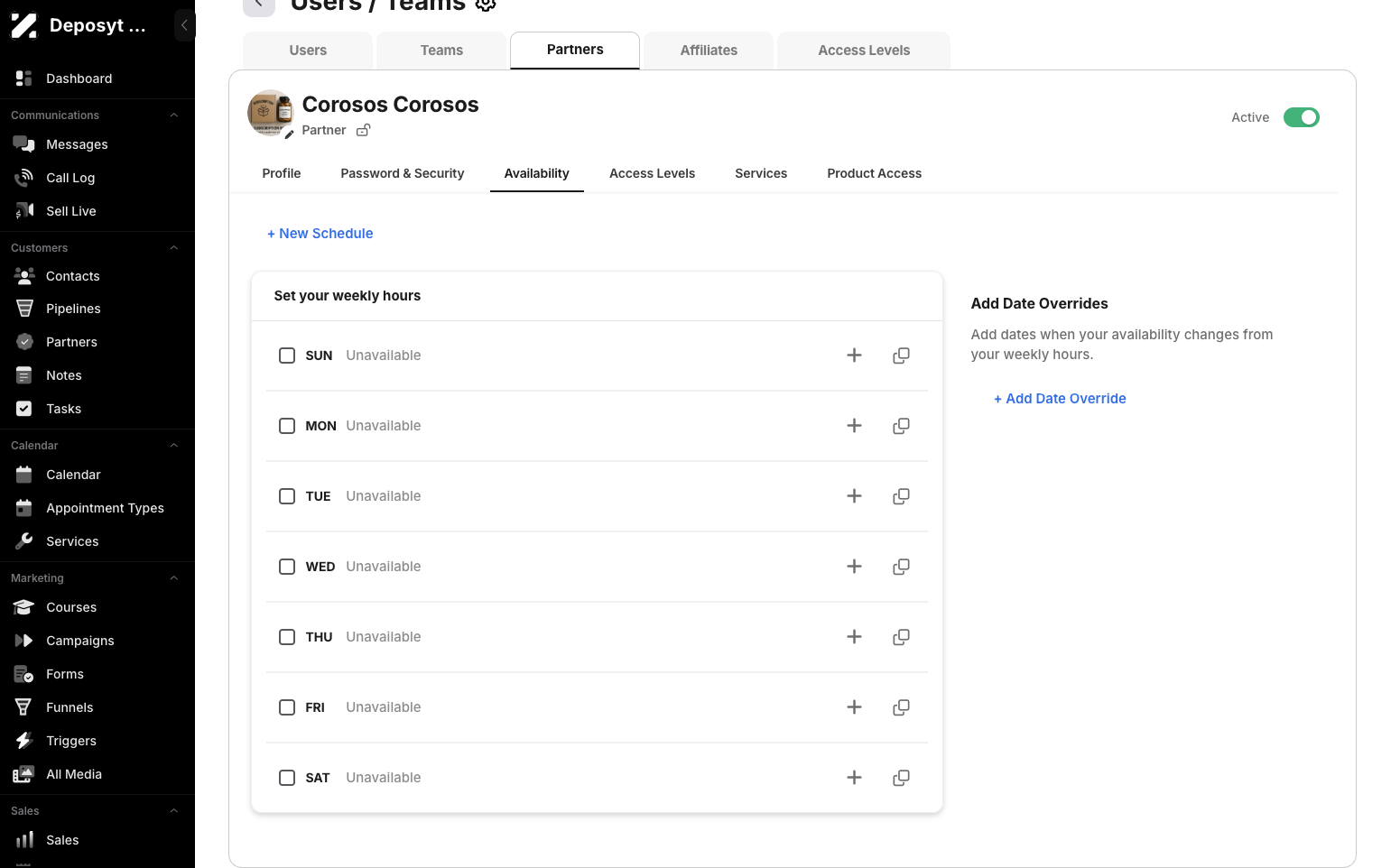 Step 8: Clicking the Availability tab allows you to manage your availability, such as creating a new schedule, editing an existing one, or adding a date override.