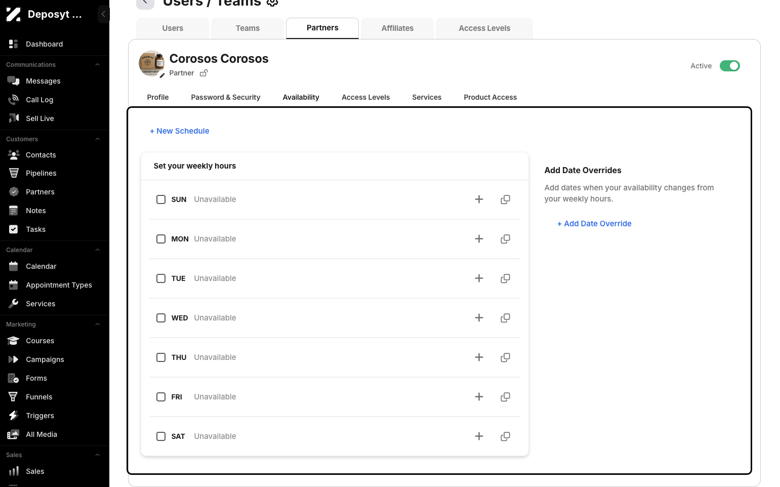 Step 8: Clicking the Availability tab allows you to manage your availability, such as creating a new schedule, editing an existing one, or adding a date override.