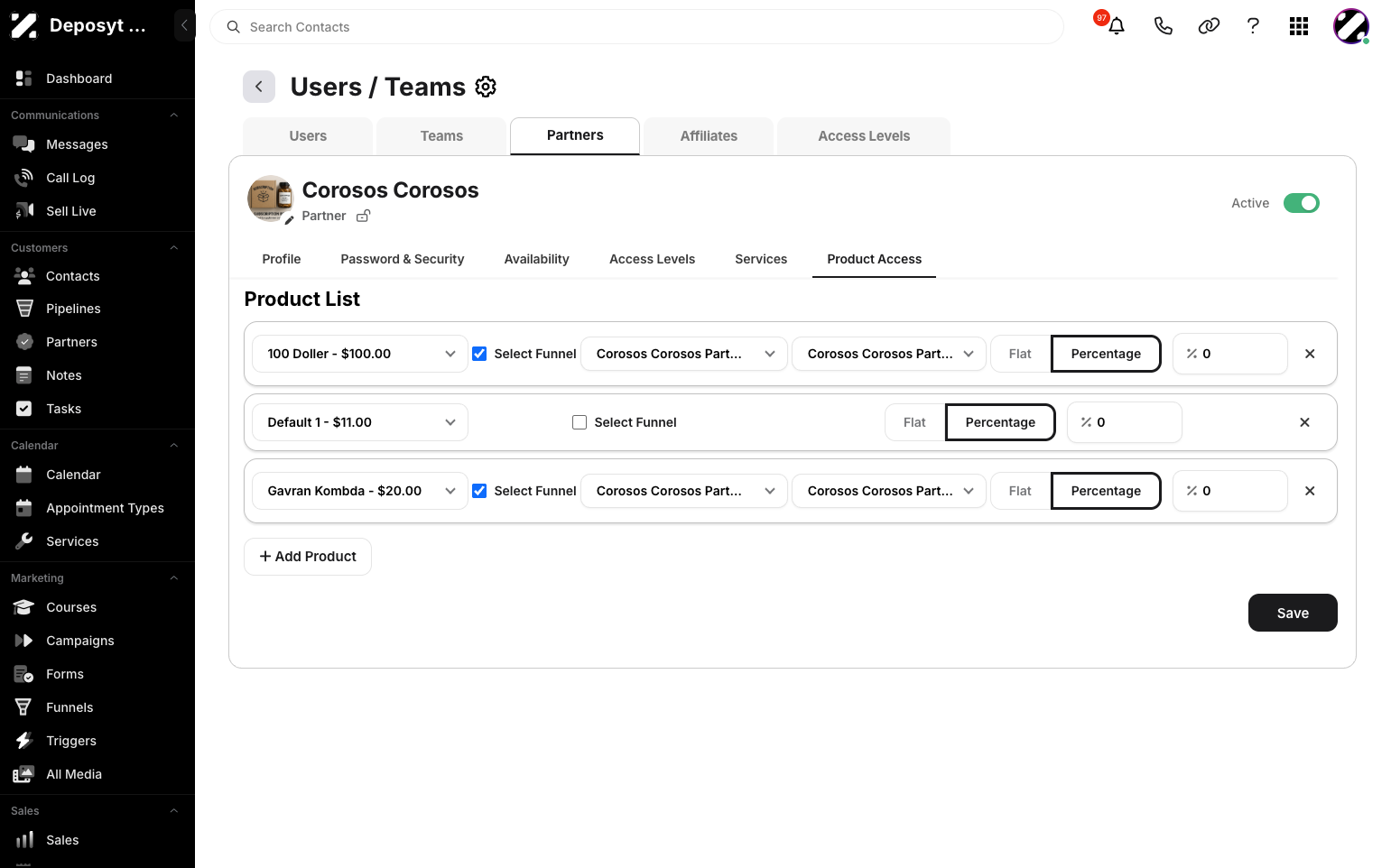Step 11: Click the Product Access tab to view the products the user is connected to. From here, you can manage the product rate as Flat or Percentage, and set the rate itself.