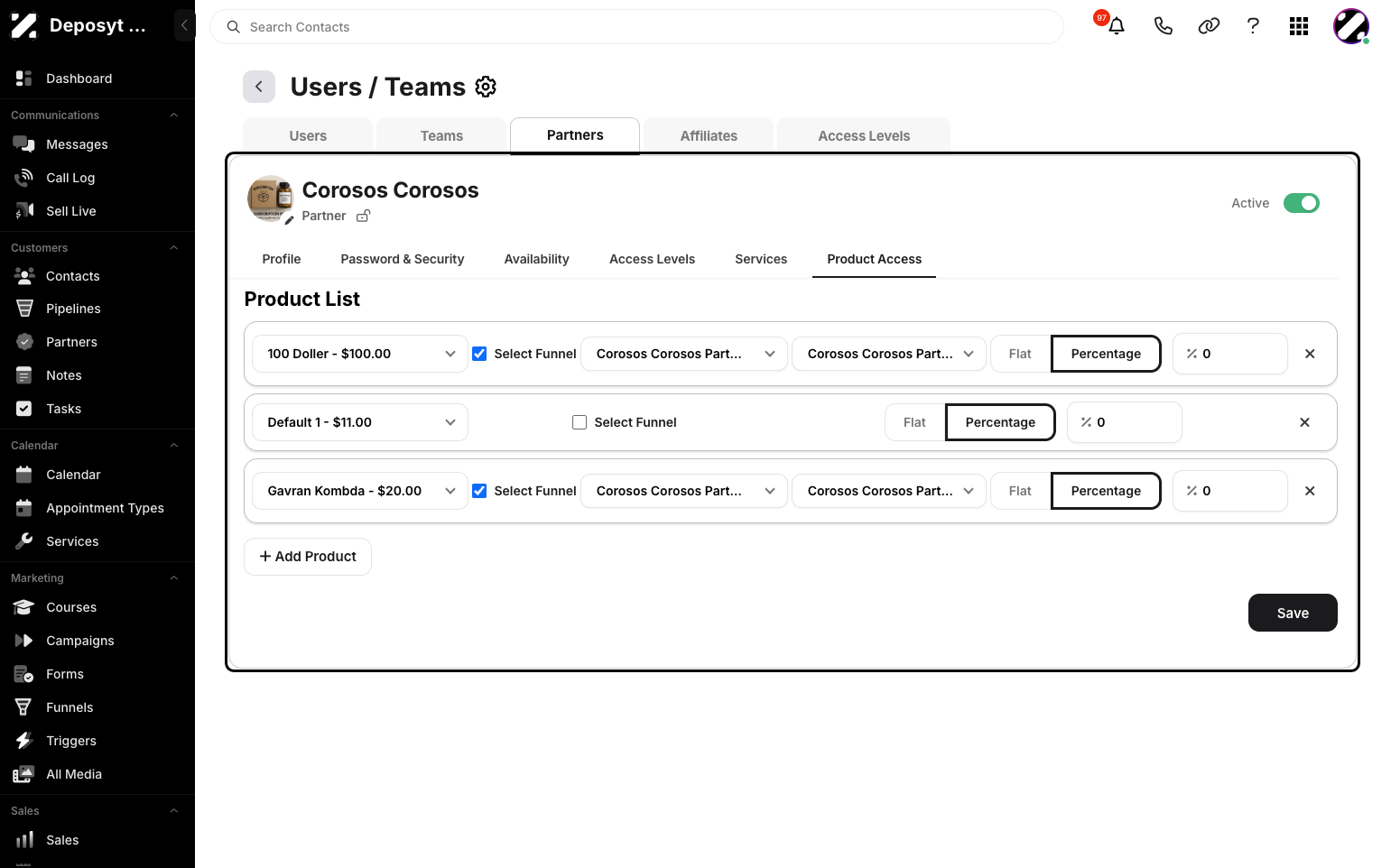 Step 11: Click the Product Access tab to view the products the user is connected to. From here, you can manage the product rate as Flat or Percentage, and set the rate itself.