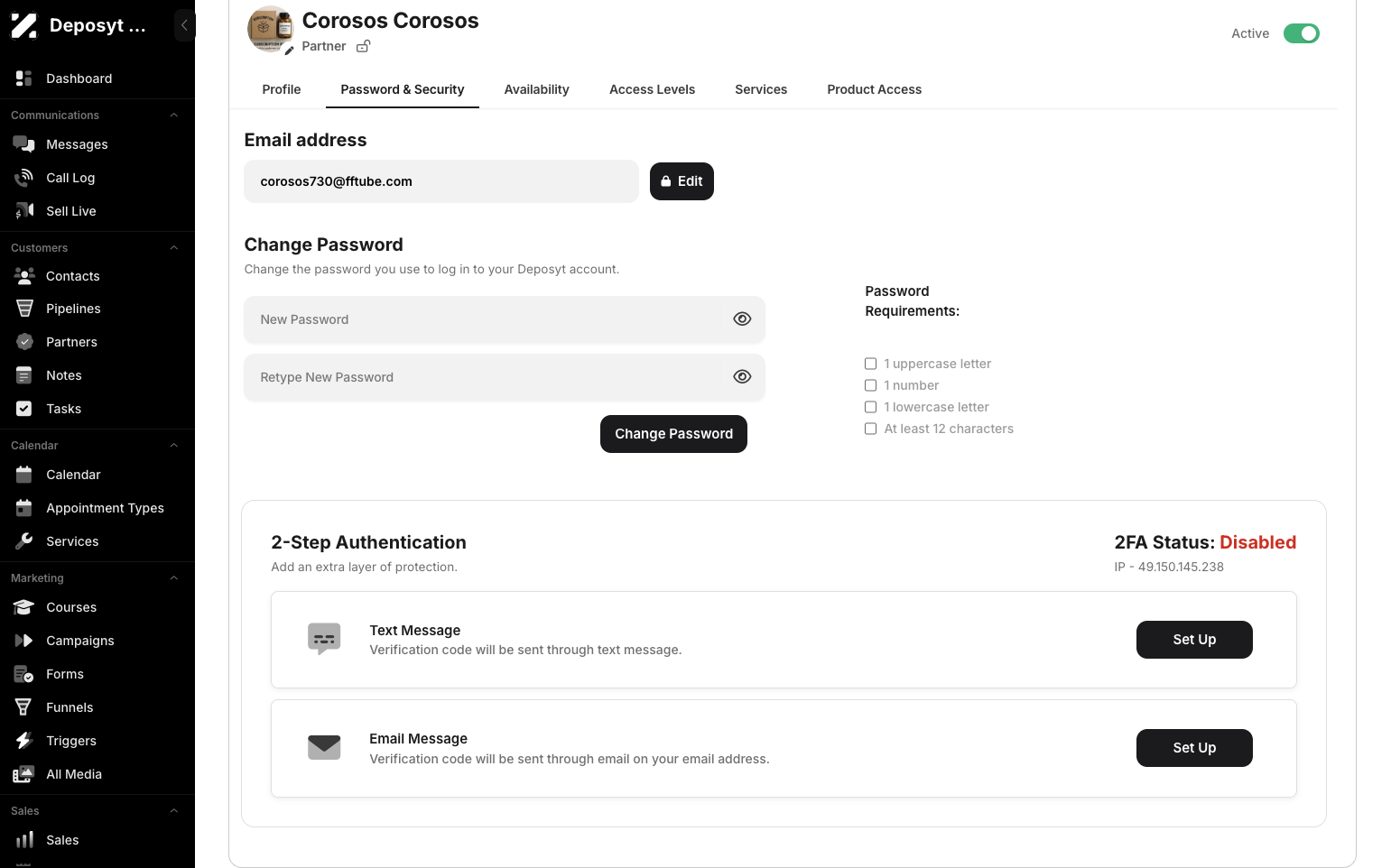 Step 7: Under Password & Security, you can edit the user’s email address and change their password. You can also set up two-step authentication.