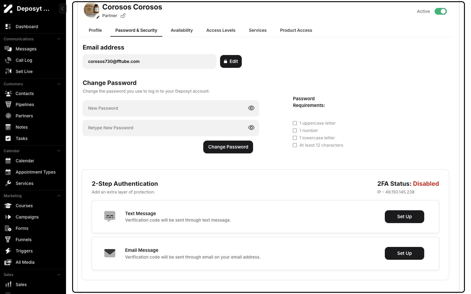 Step 7: Under Password & Security, you can edit the user’s email address and change their password. You can also set up two-step authentication.