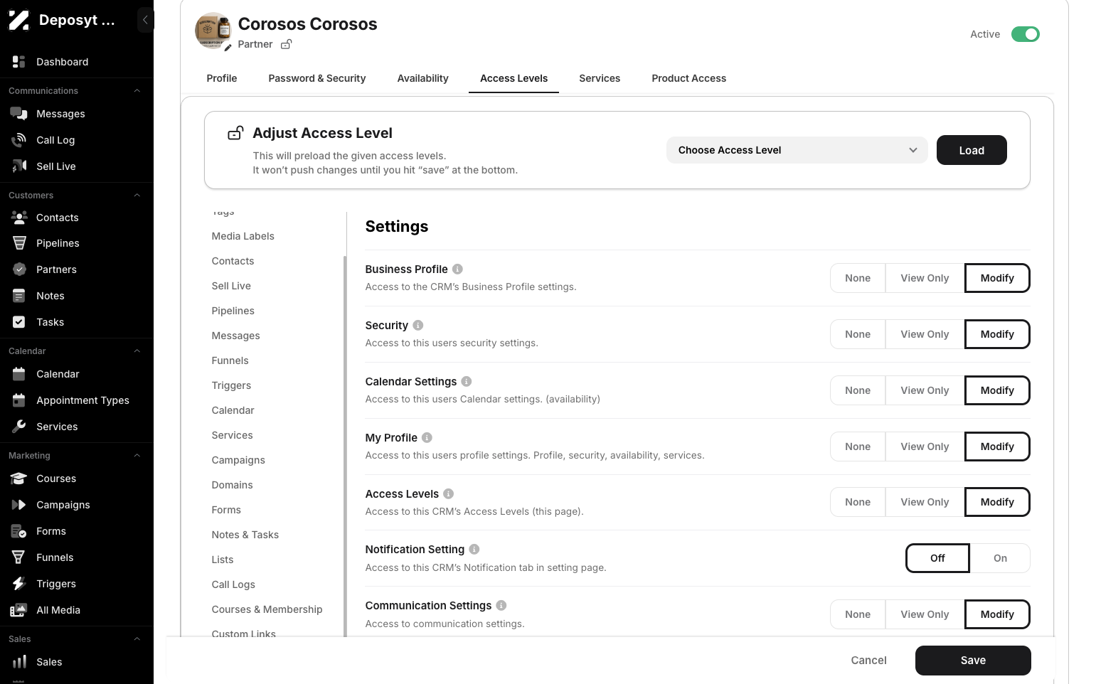 Step 9: Click on the Access Levels tab to manage or edit the user’s access level.