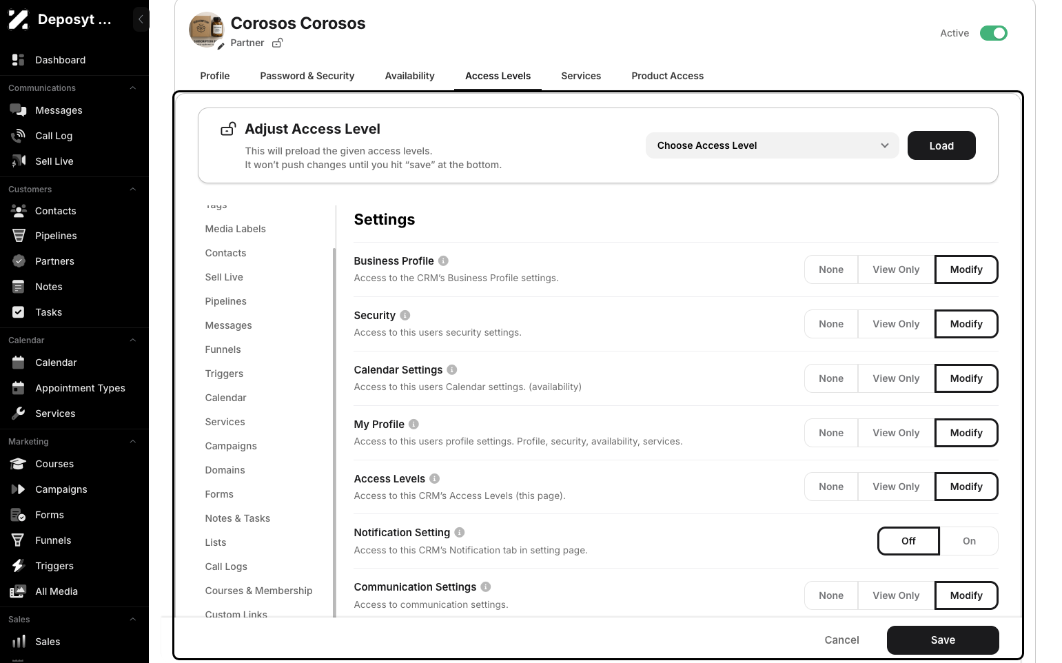 Step 9: Click on the Access Levels tab to manage or edit the user’s access level.