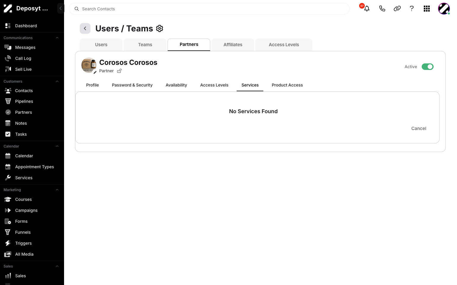 Step 10: Click the Services tab to view and manage the services the user has, if any.
