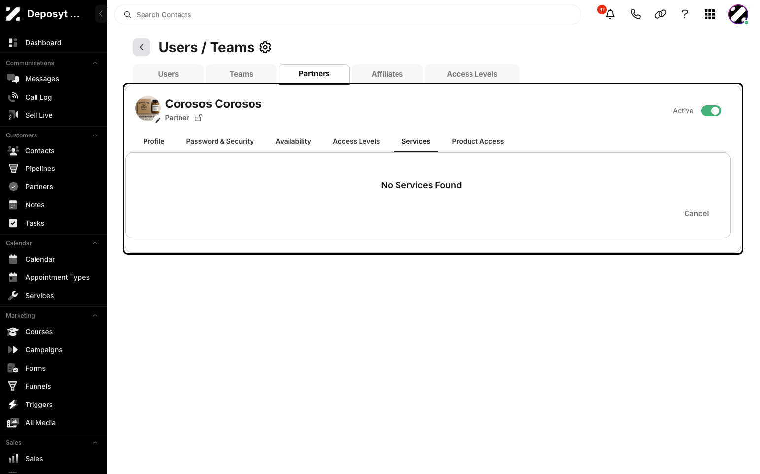 Step 10: Click the Services tab to view and manage the services the user has, if any.