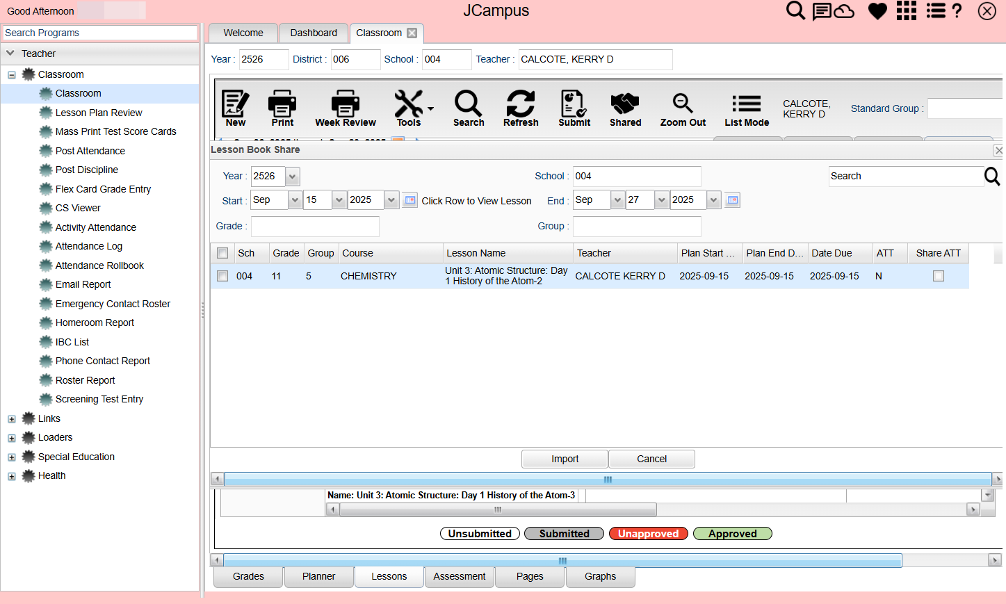 Click the check box for the lesson you want to copy.