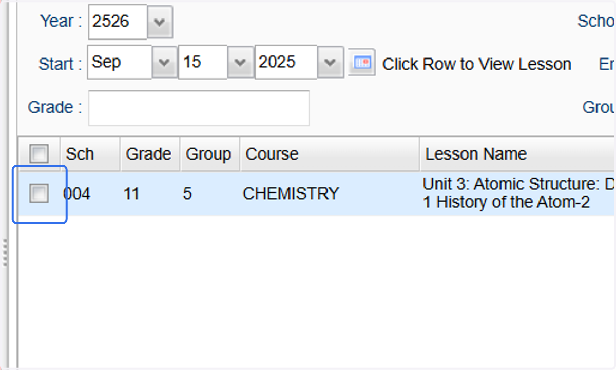 Click the check box for the lesson you want to copy.