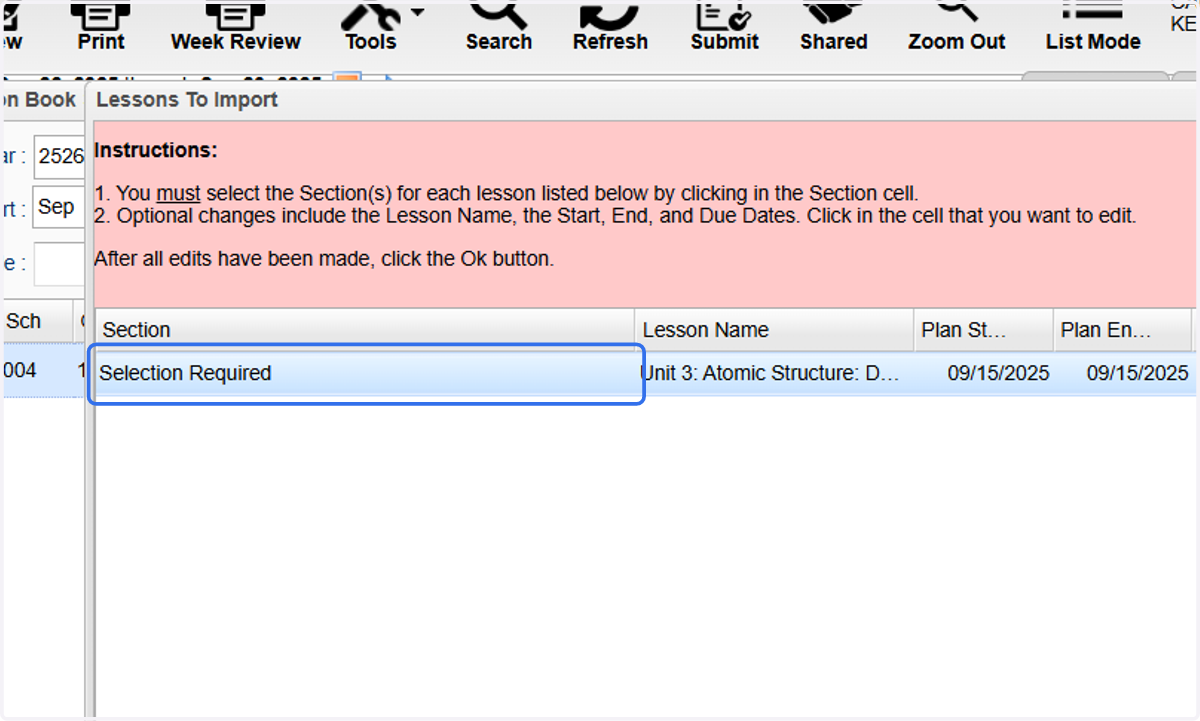 Click on Selection Required to select the section(s) to apply the template.
