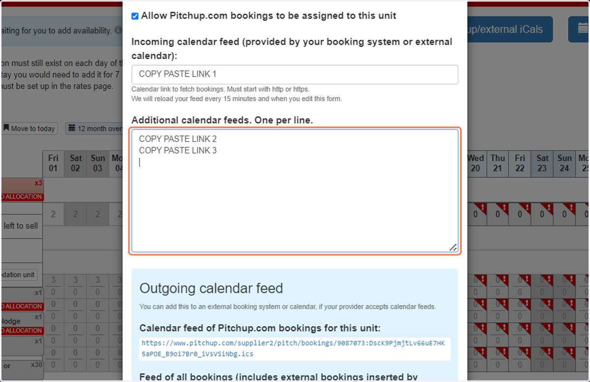 If you want to add more than one iCal link, copy and paste your links into the "Additional calendar feeds" box, ensuring there is only one link per line