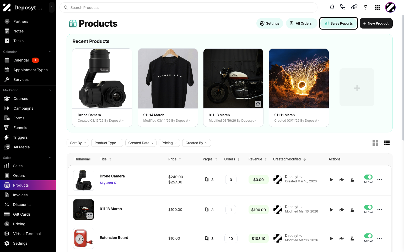 Step 3: Click on the Sales Reports button Near the + New Product button.