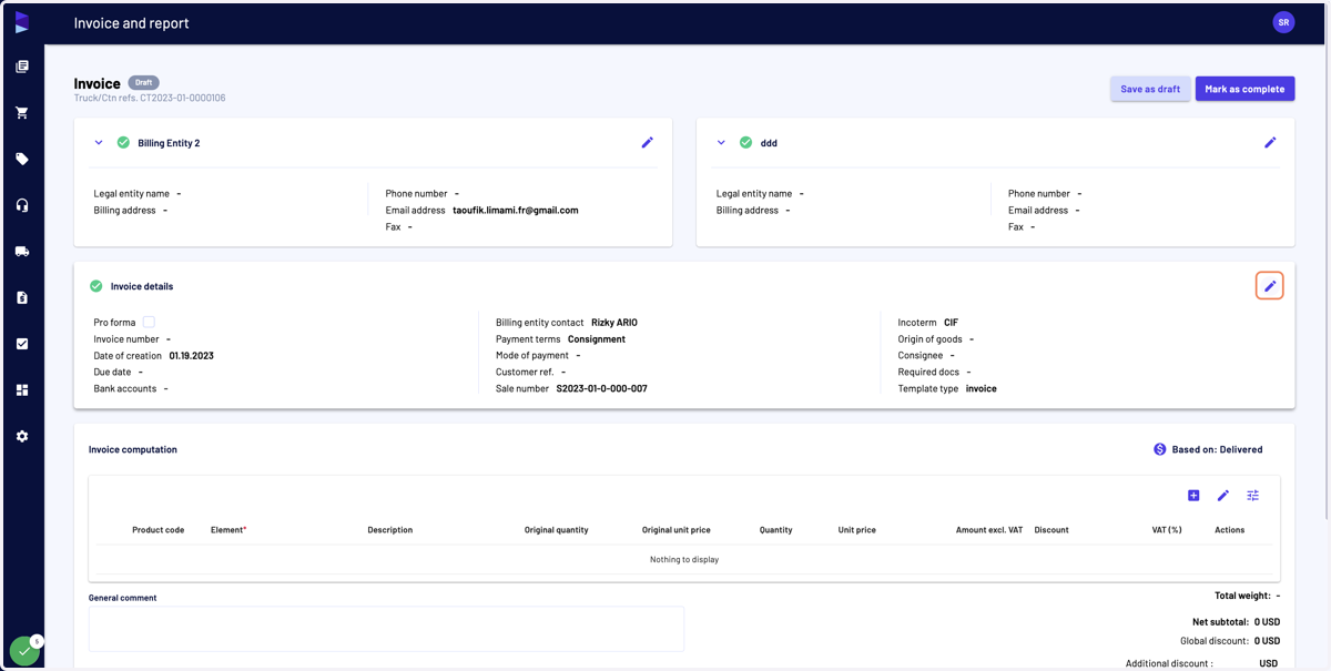 Then you can access the invoice or report details and edit them