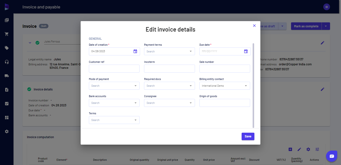 You can check and edit information and select terms you would like to add to the invoice and "Save"
