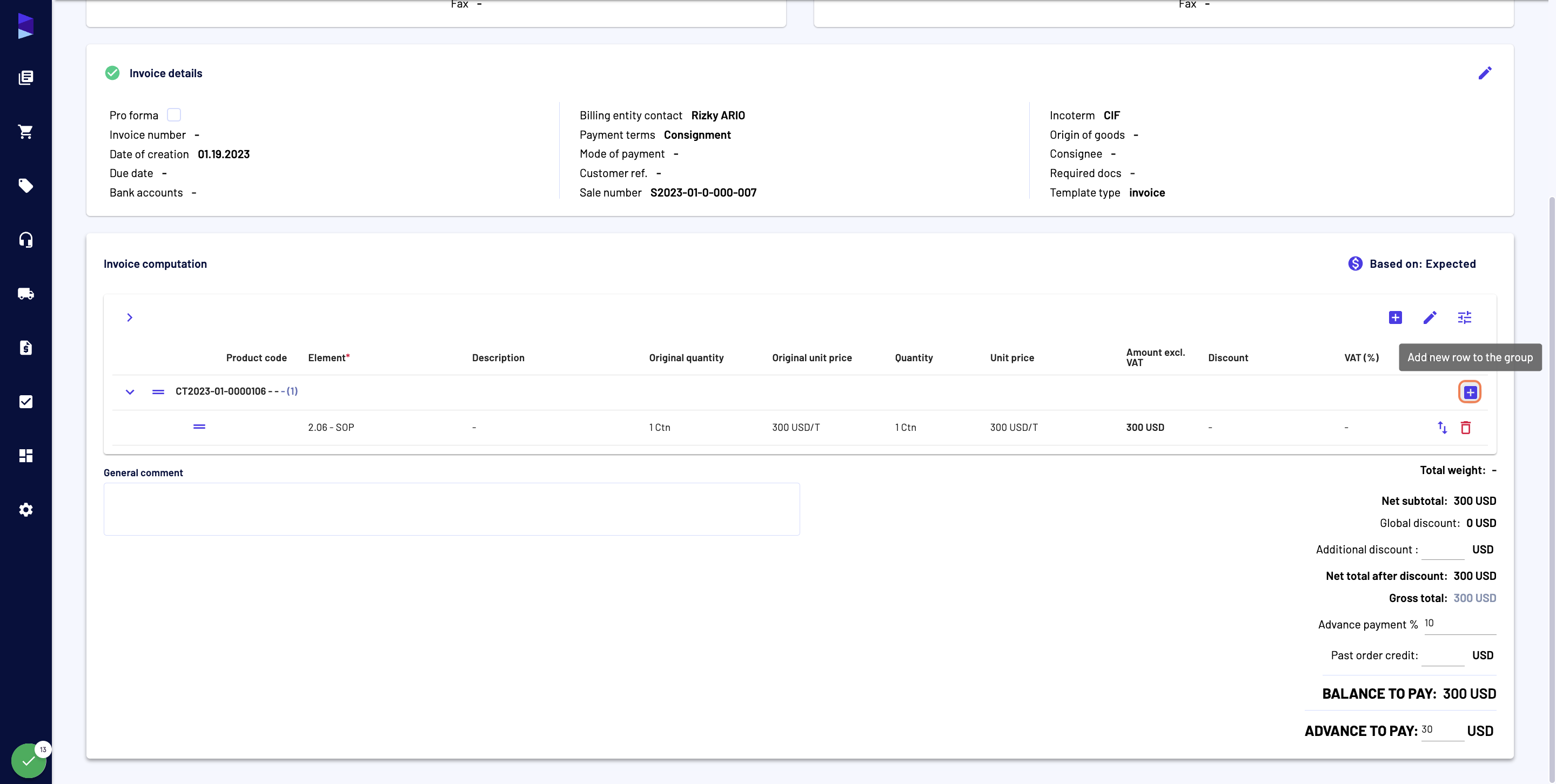 You can add a new line among a given container group by clicking on "+"