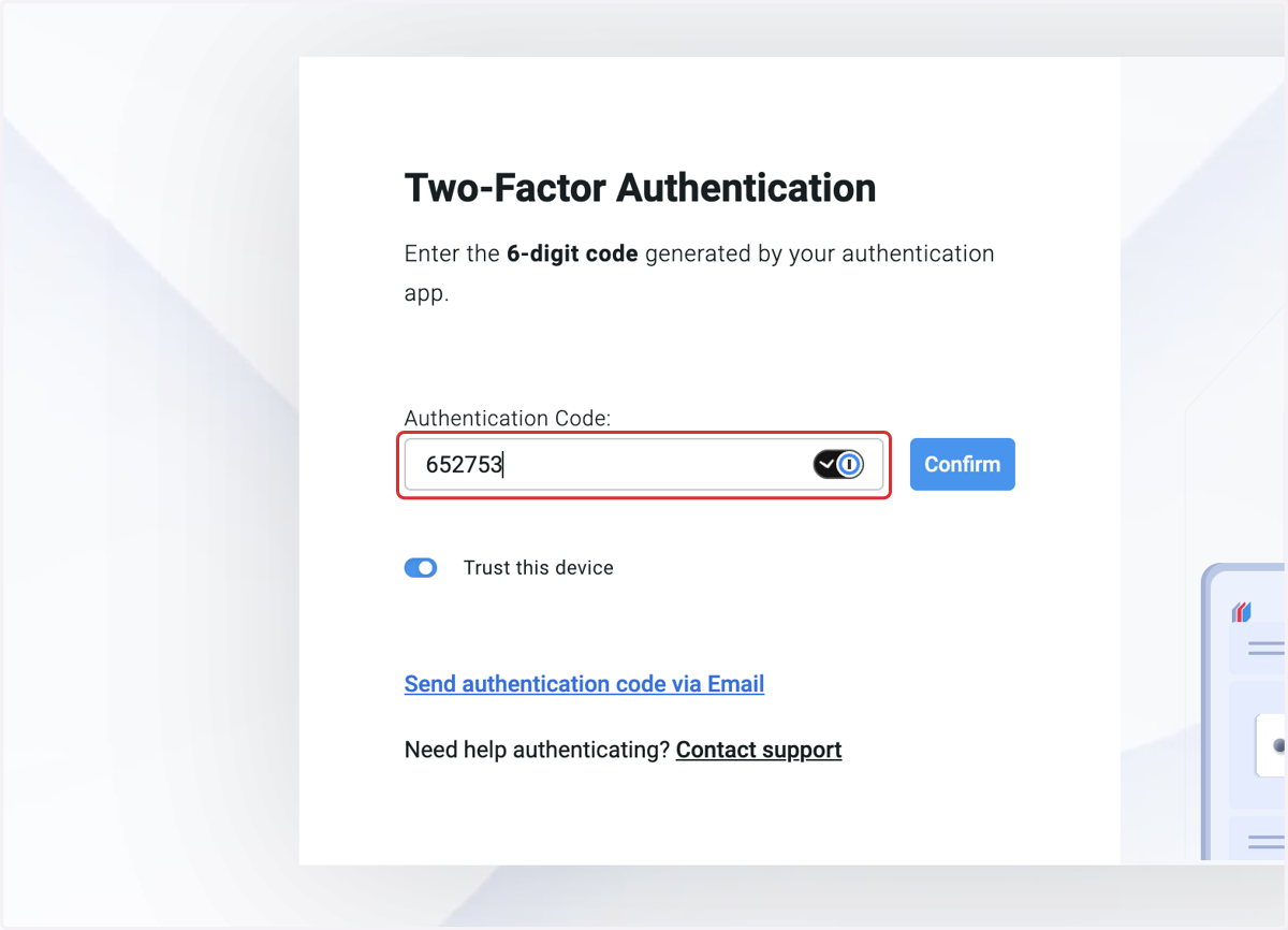 Enter your authentication code from your existing authentication app