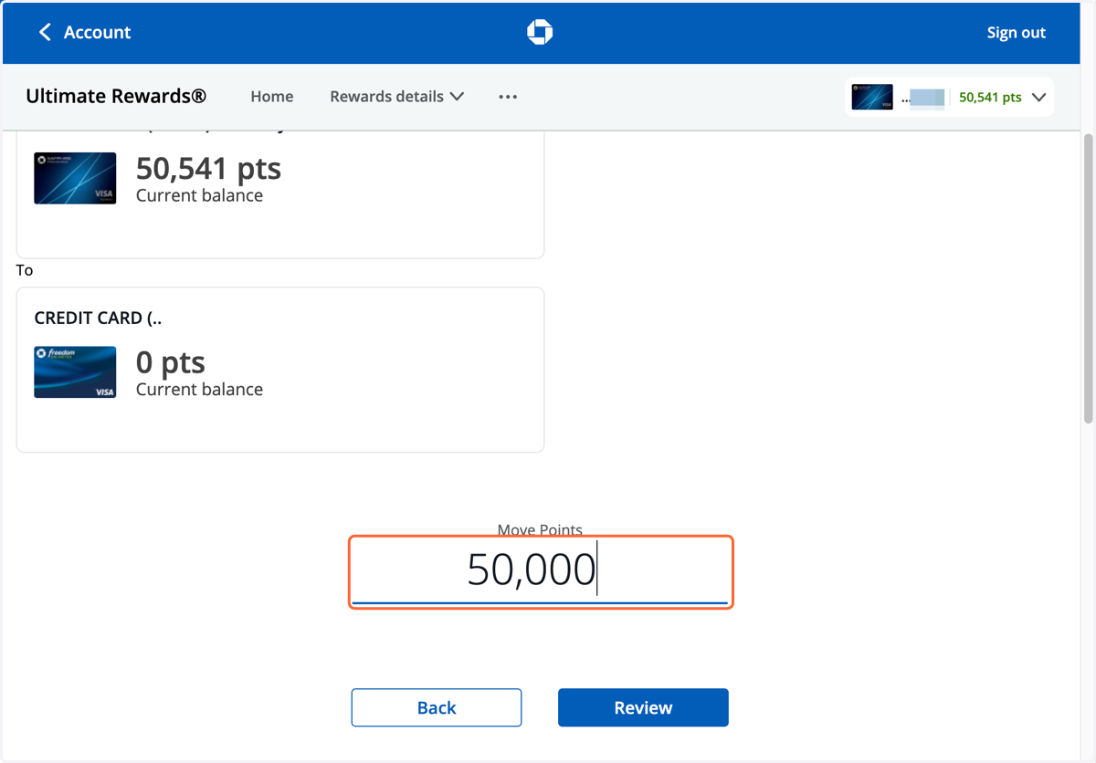 Enter the number of points want to move from one card to another