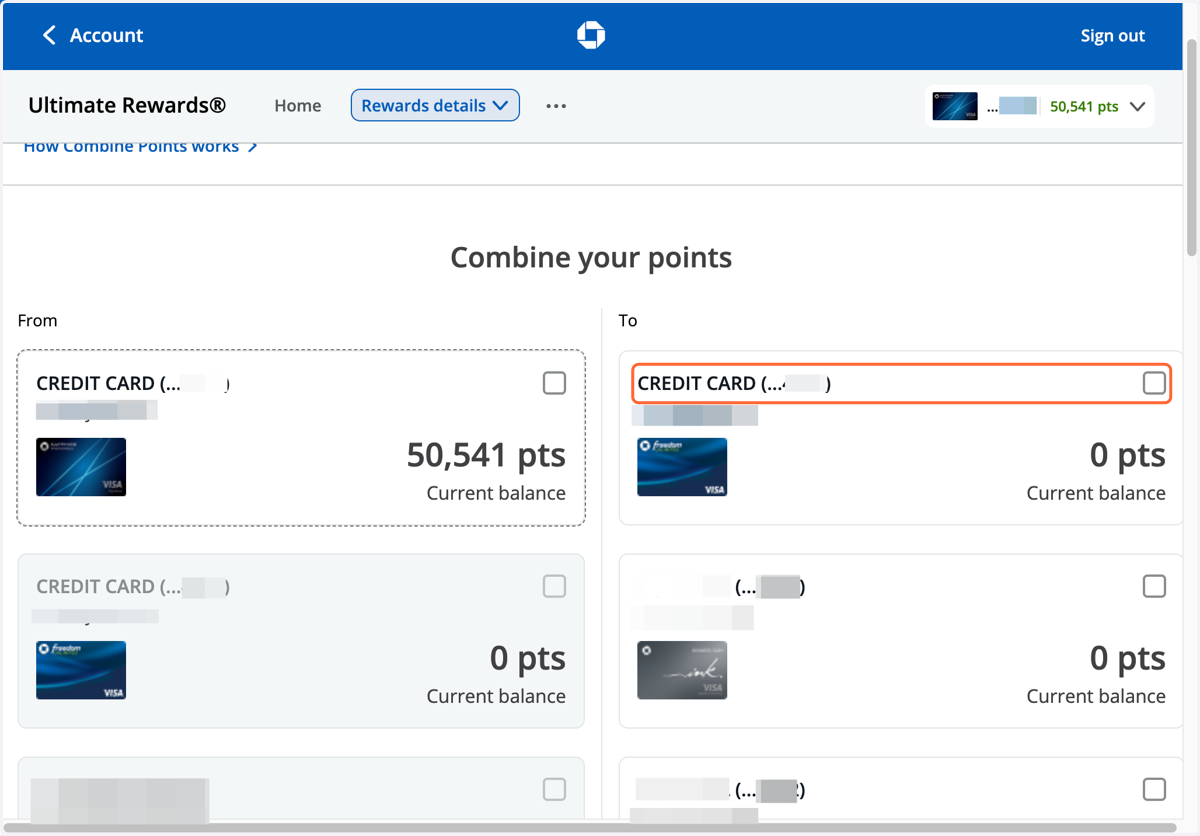 Then select the card you want to move your points to. It can be another card you are the primary cardholder of, or a card belonging to another member of your household.