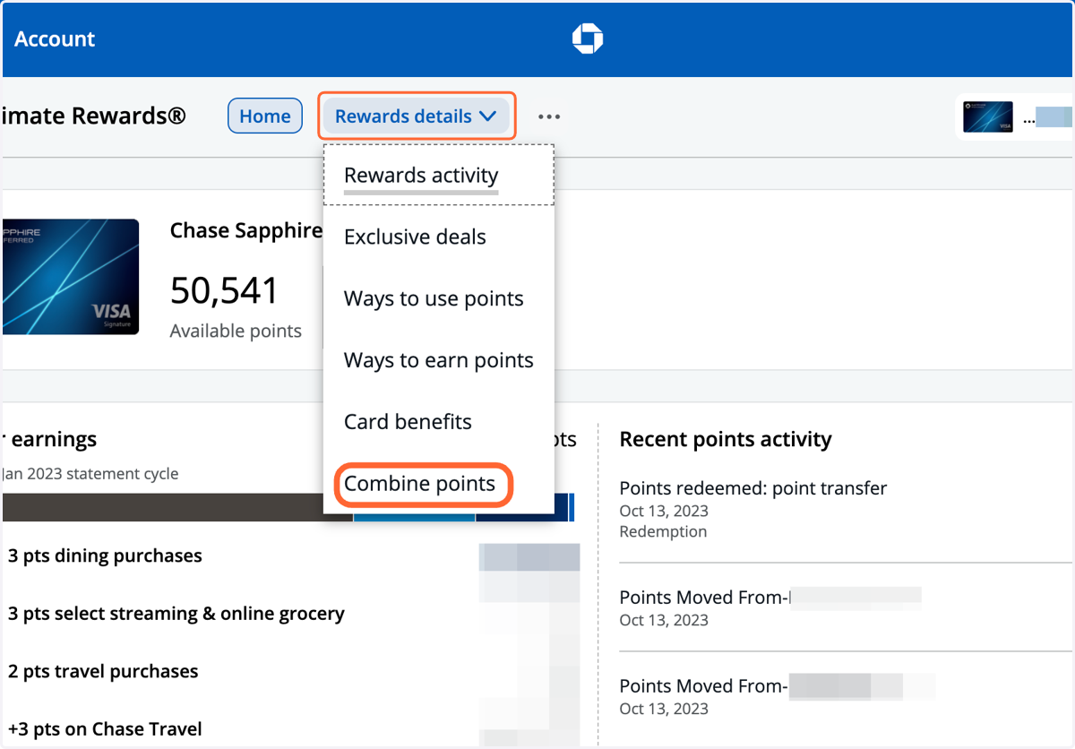Click on the 'Rewards Details' dropdown. Then click 'Combine Points.'