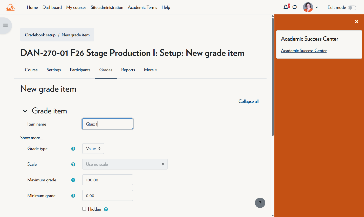 Type the name of the Grade Item