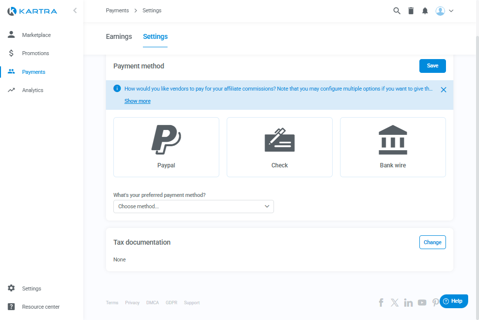 Click on How would you like vendors to pay for your affiliate commissions? Note that you may configure multiple options if you want to give the vendor extra flexibility. We recommend filling out at least PayPal and bank wire.…