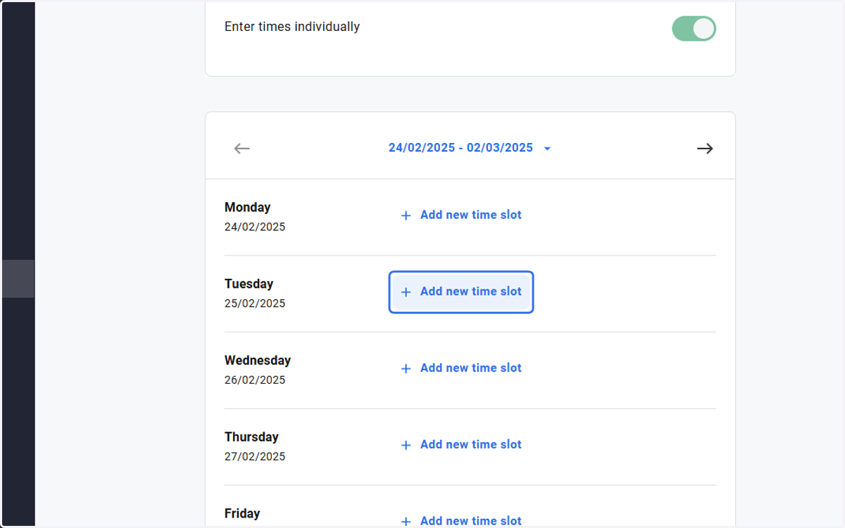 Click on Add new time slot