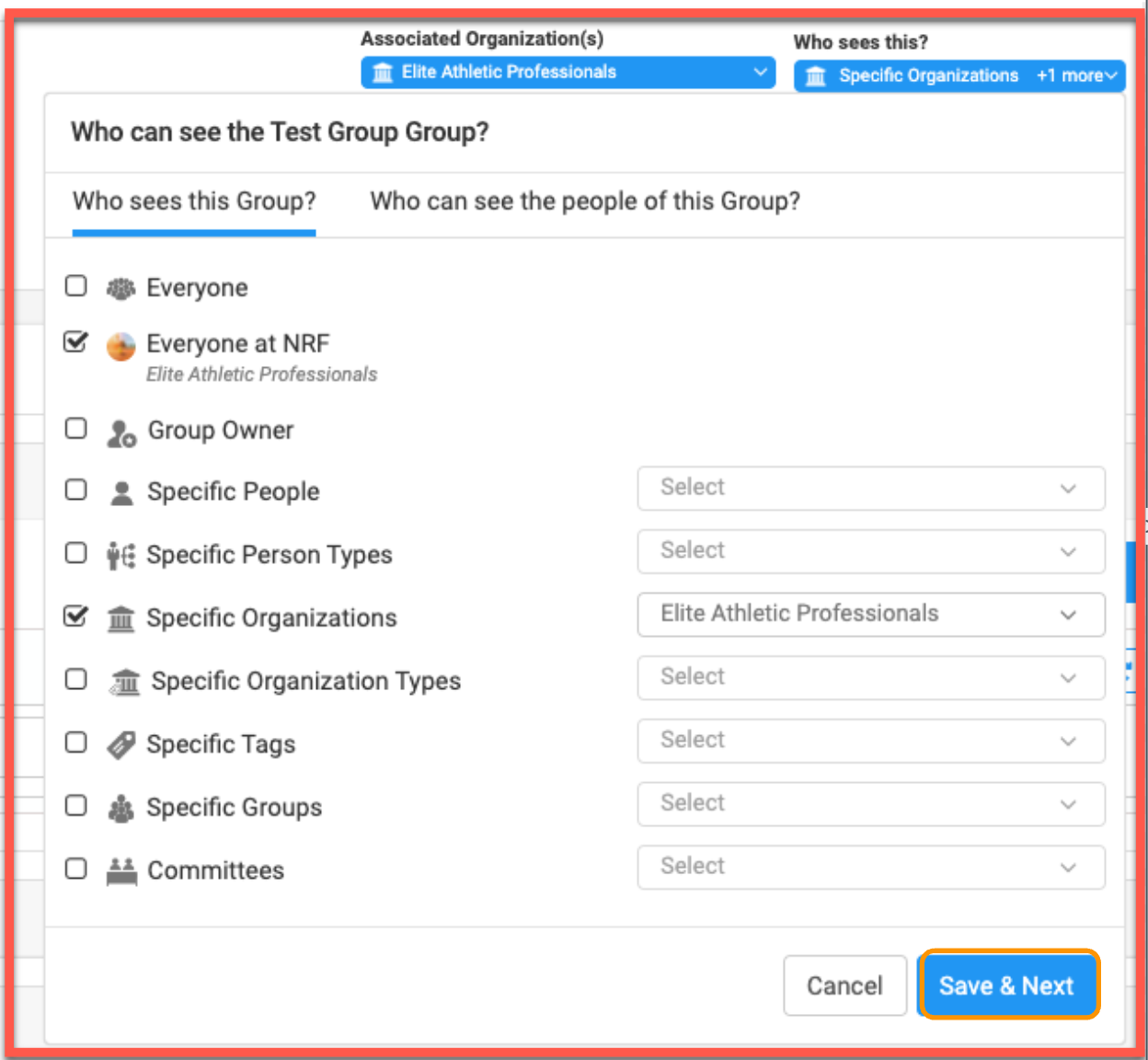 Select Group and People of the Group visibility settings and then save